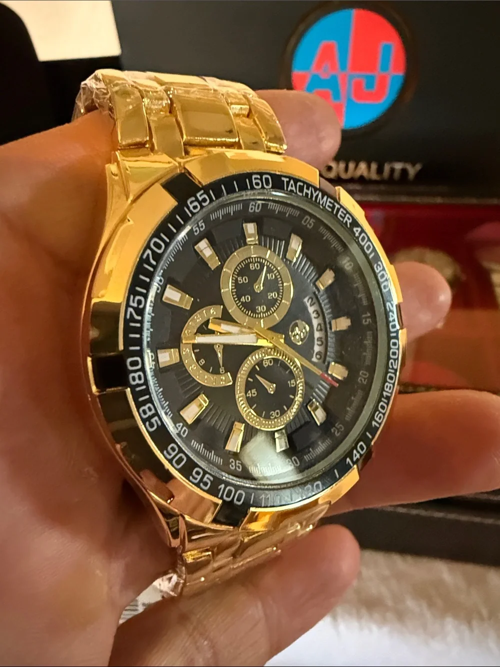AJ Collection 48 amp Gold-Tone Chronograph Wristwatch with Black Dial